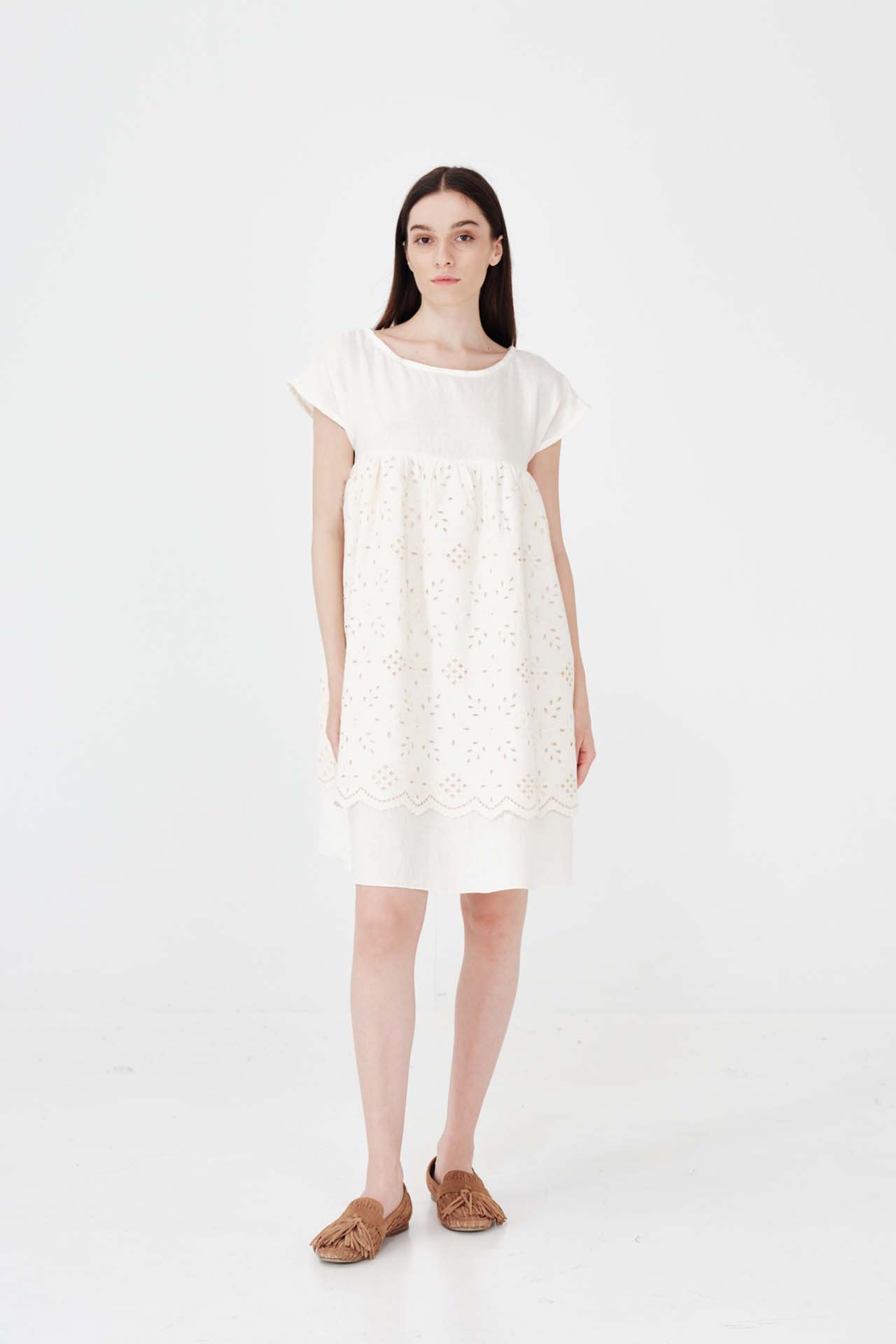 Short Sleeved Linen Mini Embroidered Dress - Haris Cotton